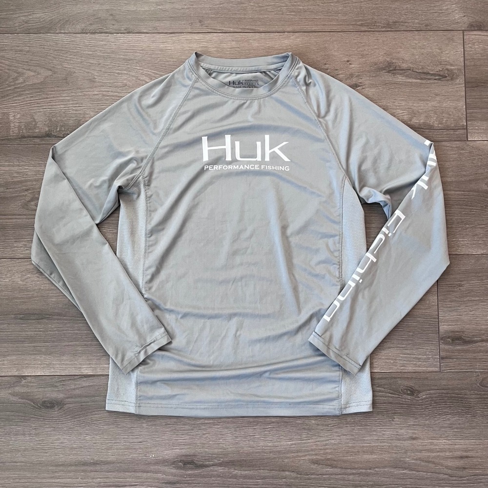 Huk Performance Fishing Youth Large Gray Long Sleeve Shirt Mesh Sides YL